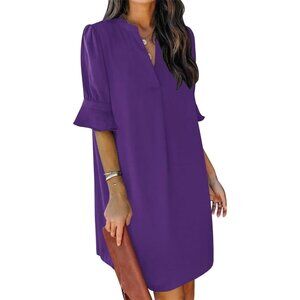Women Purple 100%Polyester V-Neck Loose Fit Short Sleeve Knee Length Shift Dress